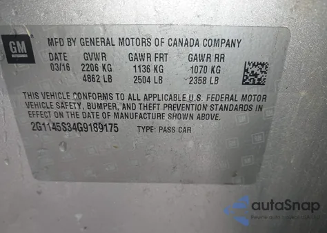 2016 Chevrolet Impala Ltz z USA, uszkodzony, nr VIN 2G1145S34G9189175